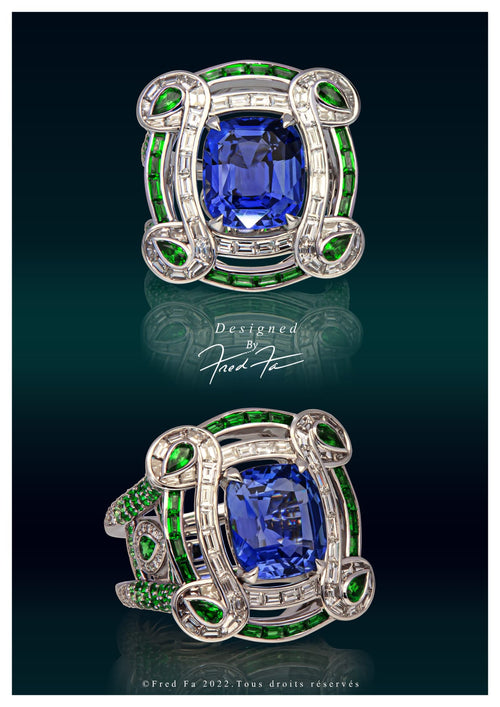 Fred Fa Special Ring with Sapphire contoured by Emerald and Diamonds