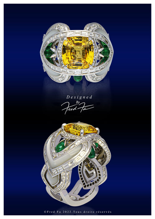 Fred Fa Special Ring with Yellow Diamond and Emeralds