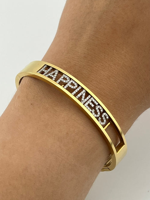 Rigid Yellow Gold Bracelet with Written Happiness